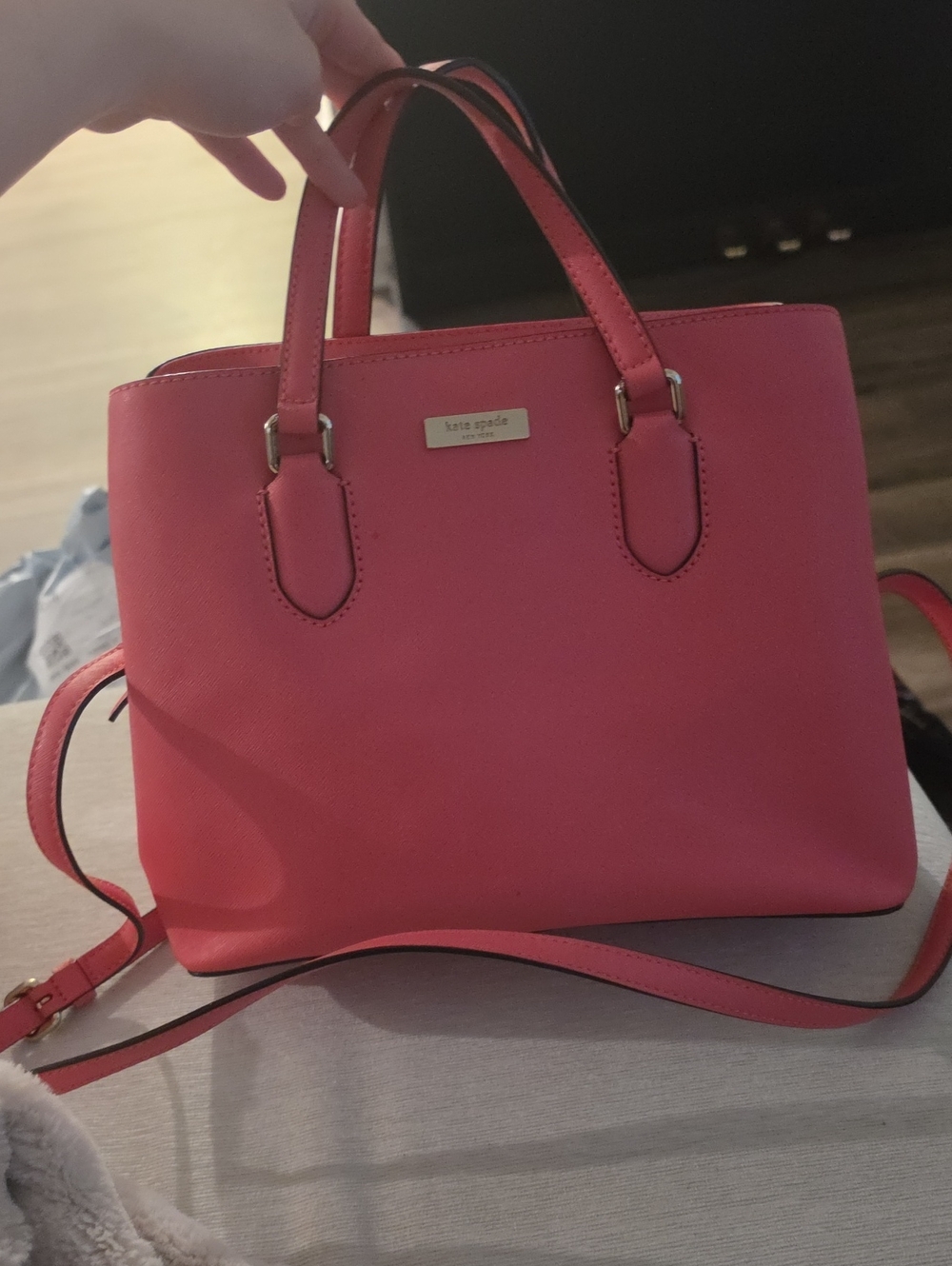 kate spade Coral Pink Saffiano Satchel with Crossbody Strap